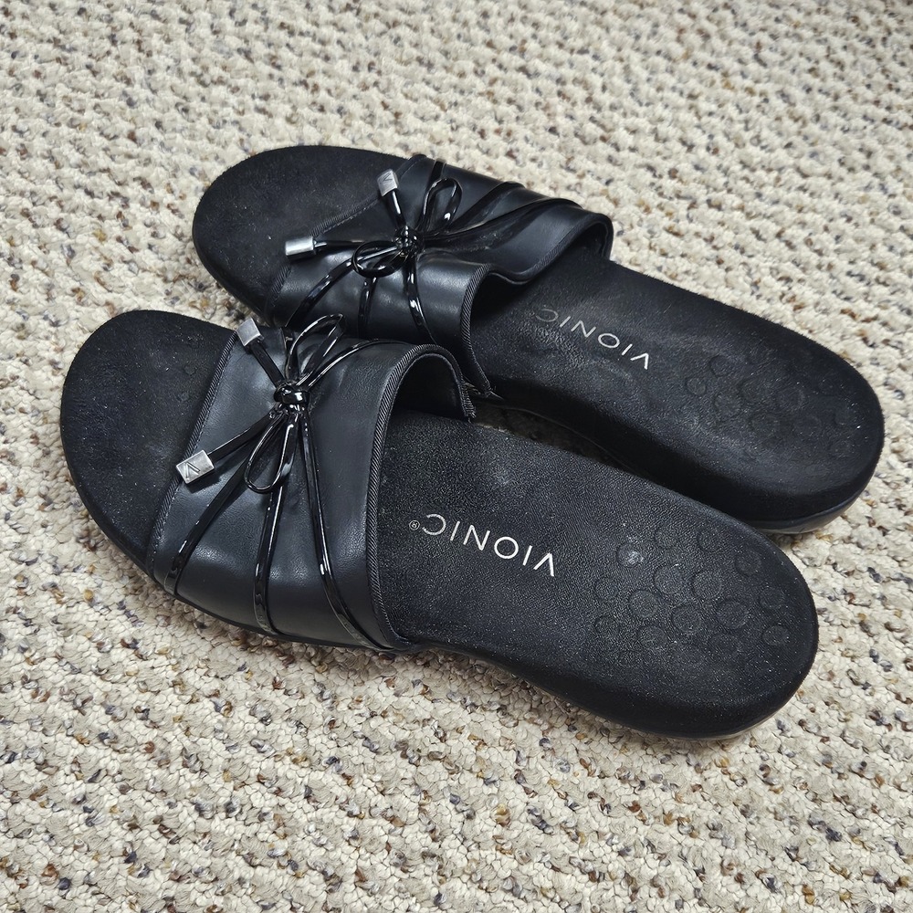 Vionic Bella Slide Sandals Black Bow Comfort Slides Orthotic Size 8.5